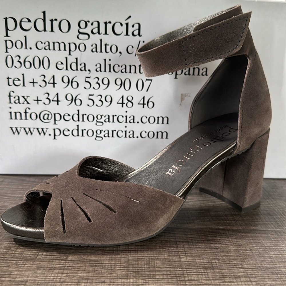 NWT Pedro Garcia Witt Suede Peeptoe Block Heel Ankle Strap Slate Gray 8.5